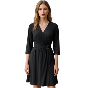 Talbots Black Jersey Knit Faux Wrap Belted Dress Size 6 Petite